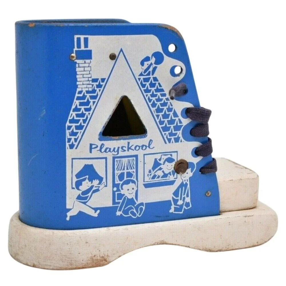 Vintage Playskool Wooden Lacing Shoe Toy Learn to Tie Old Woman in Shoe‎